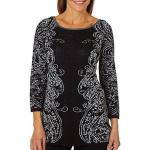 Ruby Red Women's Black Pullover Sweater W Silver Metallic Design. Size M. NWOT